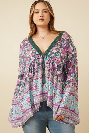 HY7450 Olive Womens Crochet Detail Tasseled Border Print Top Editorial